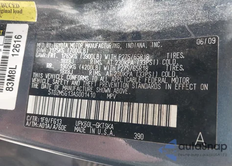 2010 Toyota Sequoia Sr5 4.6L V8 z USA, uszkodzony, nr VIN 5TDZM5G13AS001410